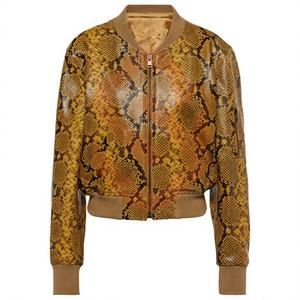 Custom Ladies Faux <b>Leather</b> Snake Pattern Bomber <b>Jacket</b> Casual Long Sleeve Stand Collar <b>Brown</b> PU <b>Leather</b> Crop <b>Jacket</b> - Product Image 1