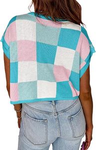 SAJZA Gilet court sans manches décontracté pour femme, respirant, en jacquard à carreaux, fin, d'été, tricoté, color block, col rond - Product Image 2