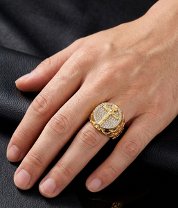 Premium <b>Mens</b> Hip Hop Jesus Cross <b>Ring</b> Diamond Look Round Top 925 Sterling Silver 10K 14K Gold Finish Party Wear Jewelry - Product Image 3