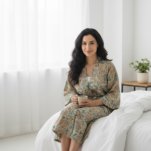 Kimono Artesanal de Algodón con Estampado Floral Gris |   Bata de dormir de manga larga con cuello en V para mujer |   Bata de Spa Larga de Algodón Puro, Diseño Exclusivo - Product Image 4