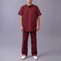 Ensemble de blouses médicales bordeaux pour hommes, col en V, manches courtes, avec poches, uniformes d'hôpital
