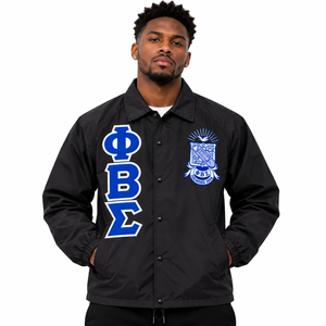 Phi Beta Sigma <b>Black</b> <b>Men</b> Coach <b>Jacket</b> Embroidered Crest Snap Button <b>Long</b> Sleeve Lightweight Windbreaker with Pockets Fraternity - Product Image 1