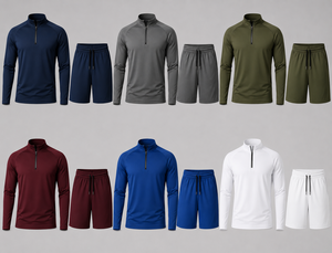 Men's Quarter-<b>Zip</b> Sport Set Solid Color Long Sleeve Top & Shorts Quick Dry Knitted Polyester Spring Wear - Product Image 6