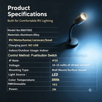 Lampe de lecture 12V RV à col de cygne, tête ovale, bouton poussoir, intensité variable PWM, en alliage d'aluminium, 10-15V, 3000K, blanc chaud, pour camping-car, caravane, bateau