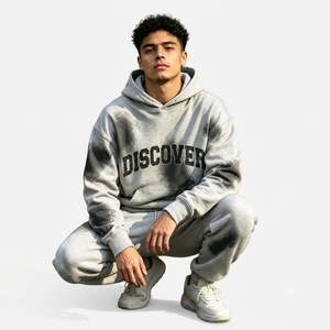 Conjunto de Chándal Personalizado con Capucha, Gris, de Algodón, Corte Holgado Informal, Sudadera Larga con Cordón y Bolsillos Laterales - Product Image 3