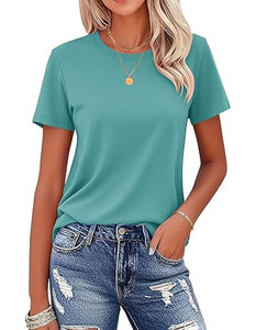 T-shirt à manches courtes col rond orange pour femme, couleur unie, jersey décontracté en coton, haut pour le printemps et l'été - Product Image 3