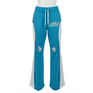 Custom Logo Printed Blue Ripped Sweatpants With <b>White</b> Side Panels And Drawstring Waist Men's Casual <b>Joggers</b> - Product Image 1