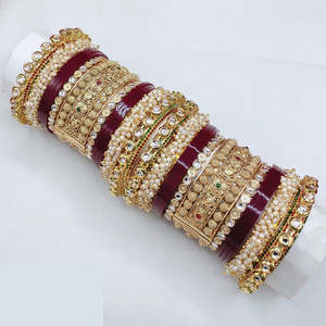 24K Gold Plated Steel Bridal <b>Bangles</b> <b>Set</b> with Kundan Stones and Pearls - Product Image 1
