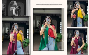Two Tone African Boubou <b>Kaftan</b> Vest Sleeveless V Neck Front Drawstring Ruffle Trim Ethnic Women Outfit - Product Image 3