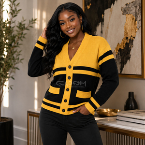 Pull cardigan personnalisé Cosh International pour femmes, style sororité, couleur contrastée, décontracté, à porter toute l'année, noir et jaune rayé - Product Image 5