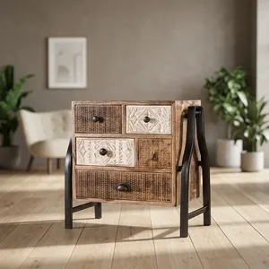 Mesa Auxiliar Industrial de Cinco Cajones con Mosaico, Gabinete de Almacenamiento de Madera, Patas de Metal Negro, Mueble de Estilo Rústico - Product Image 2