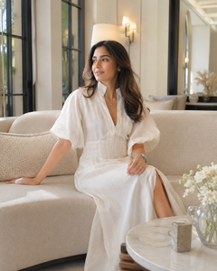 Robe longue bohème pour femme à col montant et manches bouffantes, en lin/coton, faite main, écologique, taille naturelle, couleur unie, taille XXS - Product Image 4