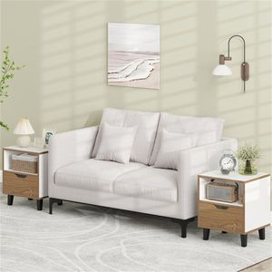 Set di 2 Comodini Unici a 3 Livelli con Venature del Legno e Bianco Crema, Tavolino da Camera con Design a Blocchi di Colore e Cassetto con Ripiano Aperto - Product Image 2