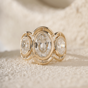 Vintage 3ct Lab Grown Diamond 14K Solid for Women Victorian Style Oval Old Mine Cut Milgrain Bezel Three Stone <b>Statement</b> <b>Ring</b> - Product Image 3