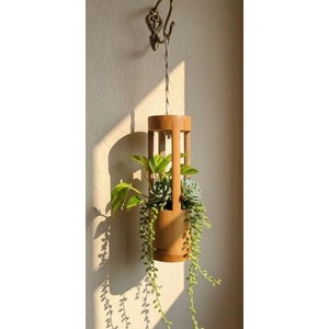 Bamboo Slat Horizontal Mid Century Modern Wall Hanging <b>Planter</b> with Drainage | Wholesale Handcrafted - Product Image 1