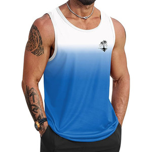 Camiseta sin mangas para hombre, degradado azul y blanco, cuello redondo, secado rápido, informal, con estampado de palmeras - Product Image 1