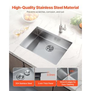Lavello da Cucina a Vasca Singola da 23 Pollici in Acciaio Inossidabile 304, da Incasso, con 1 Foro, con Bordo, Sottopiano, Workstation Multifunzionale - Product Image 3