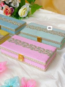 Elegant Pastel Handcrafted Jewellery Box Set soft <b>pink</b> powder blue and mint green fabric adorned with delicate floral embroidery - Product Image 2