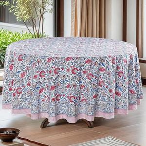 Nappe ronde en coton faite à la main, motif floral moderne, imprimé au bloc, lavable, pour la maison, les mariages, les banquets et les hôtels - Product Image 1