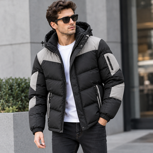 Veste matelassée à capuche élégante pour homme, noire et grise, avec poches zippées et doublure en polaire - Product Image 2