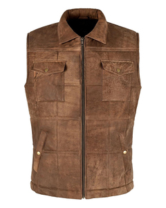 <b>Men's</b> Distressed <b>Green</b> Genuine Leather Vest V Neck Snap Button Moto Biker <b>Waistcoat</b> with Pockets - Product Image 6