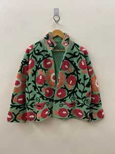 Embroidered Floral Woven <b>Quilted</b> Stand Collar Suzani Open Front Autumn <b>Winter</b> Bomber Jacket 100% Cotton Canvas Waterproof - Product Image 6
