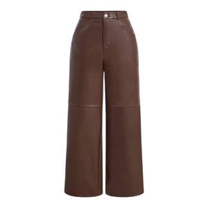 Pantalon femme taille haute en similicuir PU, coupe droite décontractée, respirant, plissé devant, braguette boutonnée, marron, grande taille - Product Image 2