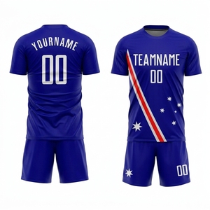 ชุดเสื้อฟุตบอลสั่งทำสีน้ำเงิน พิมพ์ลายแบบซับลิเมชั่น ระบายเหงื่อได้ดี ระบายอากาศได้ดี ผลิตจากโพลีเอสเตอร์ 100% คอกลม แขนสั้น สำหรับทุกเพศ - Product Image 1