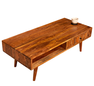 Table basse rectangulaire en bois d'acacia massif avec tiroir de rangement à motif hexagonal, finition brun foncé, pour salon et maison - Product Image 1