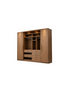 Modern Minimalist Wooden Wardrobe Hinged Doors and Brass Handles Wall Mount Bedroom Furniture 5 <b>Drawers</b> <b>6</b> Shelves Light Feature - Product Image 2