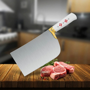 Couteau à viande robuste PK-D-WP M, lame en acier inoxydable argenté, manche blanc, design à points rouges, bolster doré, hachoir de boucher - Product Image 1