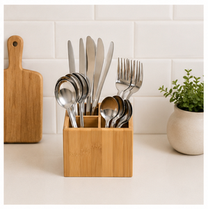 Porte-couverts premium à 4 compartiments, artisanal, écologique, en bois, pour le rangement des ustensiles sur le comptoir de cuisine - Product Image 2