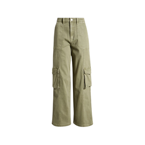Pantalon cargo taille haute à jambes larges en denim de coton couleur unie coupe ample longueur intégrale style utilitaire pour femme collection printemps - Product Image 2