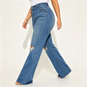 Wholesale Summer High <b>Elastic</b> <b>Waist</b> Breathable Quick-drying Wide Leg <b>Jeans</b> Women Plus Size Customized Colors - Product Image 3