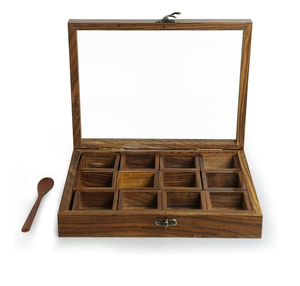 Boîte à épices en bois d'acacia, conteneur de rangement pour épices indiennes avec couvercle en laiton, design martelé - Product Image 6