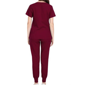 Custom Women's <b>Maroon</b> Scrub Set Short Sleeve <b>Top</b> With Zipper And Jogger Pants Hospital Uniform Knitted Cotton Polyester Stretchy - Product Image 3