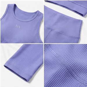 Ensemble de yoga côtelé 2 pièces lavande, col ras du cou, dos nageur, taille haute, longueur mollet, sans couture, vêtements de sport - Product Image 4