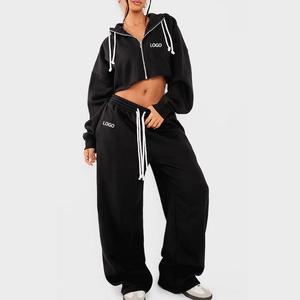 Women's 2-Piece Fleece Tracksuit <b>Set</b> Cropped Hoodie Wide-Leg Joggers Casual Sportswear All Seasons Loose Fit Black - Product Image 1