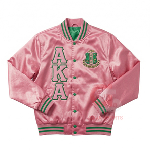 Chaqueta Bomber de satén personalizada para mujer, estilo griego, transpirable, rosa, de punto, con bordado, para hermandades - Product Image 1