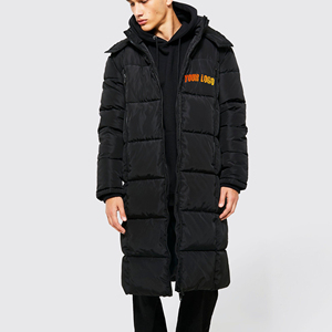 Men's <b>Long</b> Hooded Puffer Jacket Windproof Casual Winter <b>Coat</b> Black Polyester Shell Zipper Closure Thick Solid Front Logo - Product Image 3