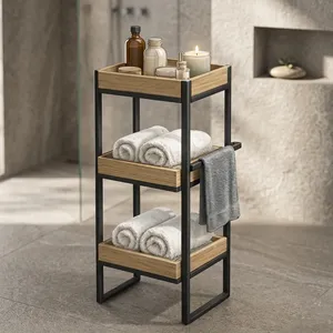 3 Tier Wood <b>Storage</b> <b>Cart</b> with Metal Frame Bathroom Organizer for Towels and Toiletries Minimalist Design spa Towers - Product Image 3