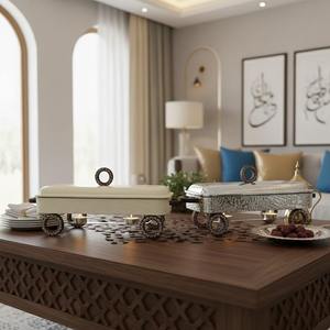 Luxury Arabic Rectangular Chafing Dish Hammered Stainless Steel Food Warmer Wooden <b>Ring</b> Accent Ramadan Buffet Server Single Unit - Product Image 3