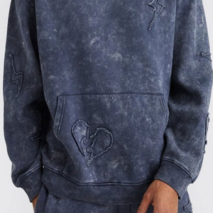 Men Heavyweight 100% Cotton Acid Wash Fleece Tracksuit Hooded Sweatshirt Full Length Jogger Pants Casual Streetwear Winter Set - Product Image 6