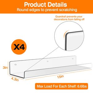Paquete de 4 Estantes Flotantes Acrílicos Transparentes de 15 Pulgadas, Estantes de Pared para Libros, 2 Métodos de Montaje, Organizadores para Cocina, Estudio, Sala de Estar - Product Image 4
