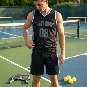 Ensemble de sport d'été personnalisé pour homme de haute qualité, débardeur et short de pickleball, en tissu micro-perforé à séchage rapide avec impression frontale - Product Image 6