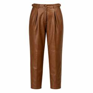 กางเกงหนัง PU สีน้ำตาลเอวสูงทรงตรงมีจีบพร้อมเข็มขัด สไตล์ลำลองสำหรับใส่ทำงานในฤดูหนาวสำหรับผู้หญิง - Product Image 1