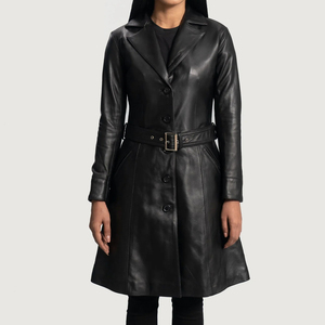 Manteau trench unisexe en cuir véritable Rahsal Industries, col montant, fermeture éclair, longueur longue, coupe-vent, couleur unie, coupe classique - Product Image 3