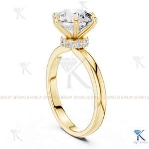 Anillo Solitario de Diamante CVD Cultivado en Laboratorio Personalizado, Banda Lisa con Halo Oculto Redondo, Oro Sólido de 14K, Regalo de Boda y Aniversario - Product Image 3