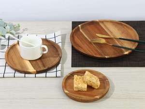 Eco-friendly Sustainable Fashionable Thick Acacia Wood Round Salad Bowl Dish <b>Plates</b> Set Party Handpainted Customizable Design - Product Image 5