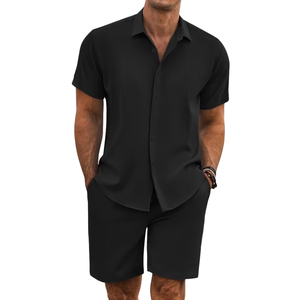 Conjunto de Dos Piezas para Hombre, Camisa de Manga Corta con Cuello en V y Botones, Pantalones Cortos, Estilo Lino, Casual, Transpirable, Verano, Playa, OEM, ODM, Venta al Por Mayor - Product Image 4